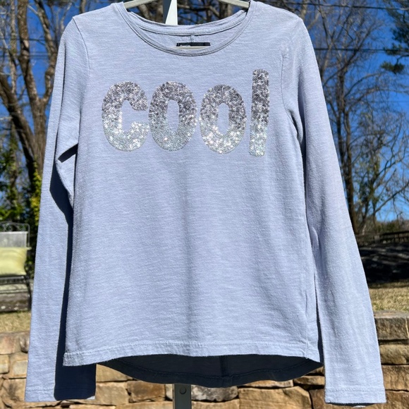 GapKids Gray Long-Sleeve, High-Low, A-Line T-Shirt with Sparkly Sequin "Cool" - Picture 6 of 15